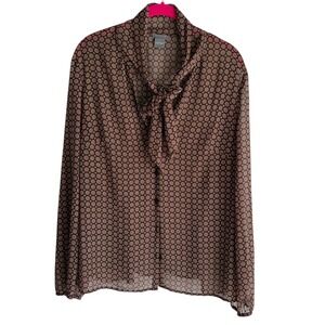 ANN TAYLOR Brown Sheer Tie Neck Ladies Long Sleeve Button‎ Front Blouse, 16